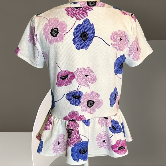 Elle White Purple / Blue Floral Jacquard Short Sleeve Peplum Blouse Size Small - Picture 7 of 8